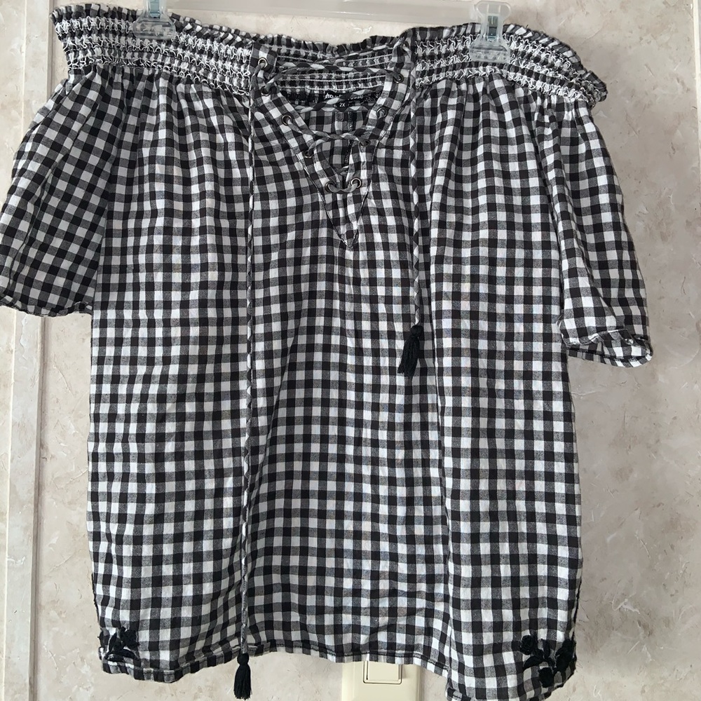 Off the shoulder plaid black and white lace up top